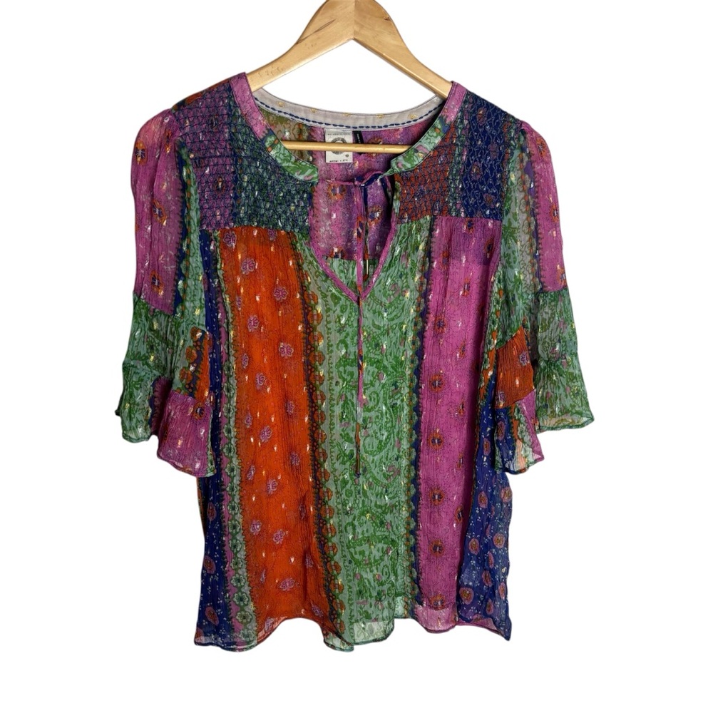 Boho Patchwork Floral Peasant Blouse - Pink, Green, Orange - Picture 2 of 7